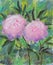 Two large purple flower with green leaves, summer, peonies