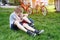 Two laughing boys having fun on the grass. Bicycles in the background