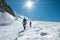 Two laughing young women Rope team descending Mont blanc du Tacul summit 4248m dressed mountaineering clothes with ice axes