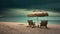 Two lawn chairs under an umbrella on a beach. Generative AI image.