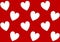 Two layers white heart shapes are arranged zigzag on red background.