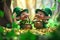 Two leprechauns stand in a pile of gold, sharing a smile