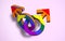 Two linked male symbols colored gay pride flag