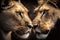 Two lioness girlfriends kiss each other, powerful, but affectionate and friendly predatory big cats close-up, AI generated