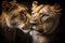 Two lioness girlfriends kiss each other, powerful, but affectionate and friendly predatory big cats close-up, AI generated