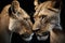 Two lioness girlfriends kiss each other, powerful, but affectionate and friendly predatory big cats close-up, AI generated