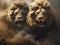 Two lions come out of the dust, smoke, ashes