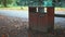 Two litter bins surrounded by autumn leaves and people passing by behind them