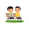 Two little asian boys with soccer ball sit on bench. Summer holidays, recreation, sports, hobbies.