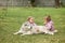 The two little baby girls playing with dog against green grass