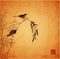 Two little birds sitting on bamboo branch on vintage background. Traditional oriental ink painting sumi-e, u-sin, go-hua