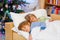 Two little blond sibling boys sleeping in bed on Christmas