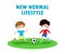Two little boy wearing face mask playing soccer on new normal lifestyle concept.children playing football and wearing surgical