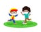 Two little boy wearing face mask playing soccer on new normal lifestyle concept.children playing football and wearing surgical