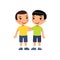 Two little boys hugging cartoon characters. Smiling asian children