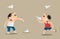Two little boys playing paper plane flying