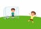 Two little boys are playing soccer flat  illustration.Child scored a goal and enjoys the win.