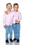 Two little boys in shirts and jeans.