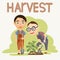 Two little boys in a work overalls is digging potatoes. Children harvest vegetables. Harvest