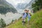 Two little brother to pose in front of the glacier