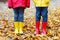 Two little children playing in red and yellow rubber boots in autumn park in colorful rain coats and clothes. Closeup of