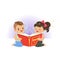 Two little children reading magic book with fantasy stories. Cartoon boy and girl characters. Childhood and kid