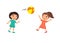 Two little cute girls play with a ball. Kids playing outdoors cartoon character.