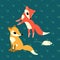 Two little foxes playing with a mouse