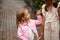 Two little girls collect fresh lemons in the garden