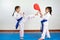 Two little girls demonstrate martial arts working together