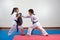 Two little girls demonstrate martial arts working together