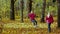 Two little girls play with rope swing and swing each other in autumn Park. Children laugh happily