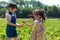 Two little girls playing with strawberries in the field on a sunny day