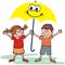Two little jumping kids with parasol, eps.