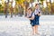 Two little kids boys having fun on tropical beach