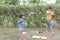 Two little kids playing with cardboard toy airplane in the park at the day time. Concept of happy game. Child having fun