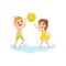 Two little kids playing in water with inflatable ball. Children in swimwear. Summer recreation at sea. Flat vector