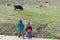 Two little kids watching cows while hiking in the mountains of Palencia, Spain, during the winter ending and the spring beginning