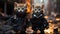 Two little kittens in costumes on a background of the night city. Ai generated