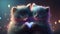 Two little kittens holds heart in paws on colorful lens flare background cute in love cats