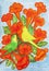 Two little parrots green and yelow on brach on campsis with orange flowers, watercolor painting