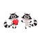 Two little raccoon characters, holding red heart, jumping from happiness