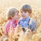 Two little sibling boys having fun and speaking on yellow wheat