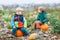 Two little siblings sitting on big pumpkin on cold autumn day
