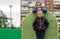 Two little sisters,amid a residential building,are walking in the yard with a joyful mood