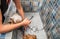 Two little wet cute and beautiful purebred Yorkshire Terrier dogs bath in the bathtub and washing fur selective focus