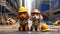 Two Lively Dogs in Orange and Yellow Helmets - Photorealistic Illustrations of Adventurous Canine Companions