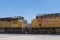 Two locomotives facing each other at the Union Pacific railyard in Milford, Utah, USA - June 17, 2022