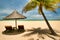 Two lonely loungers on the deserted beach of Hainan Island.