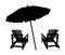 Two lounge chairs under an umbrella on the beach. Black and white illustration of lounges under a canopy. Vacation